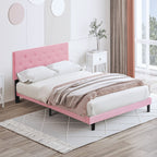 Modern Upholstered Platform Bed Frame With Button Tufted Fabric Headboard