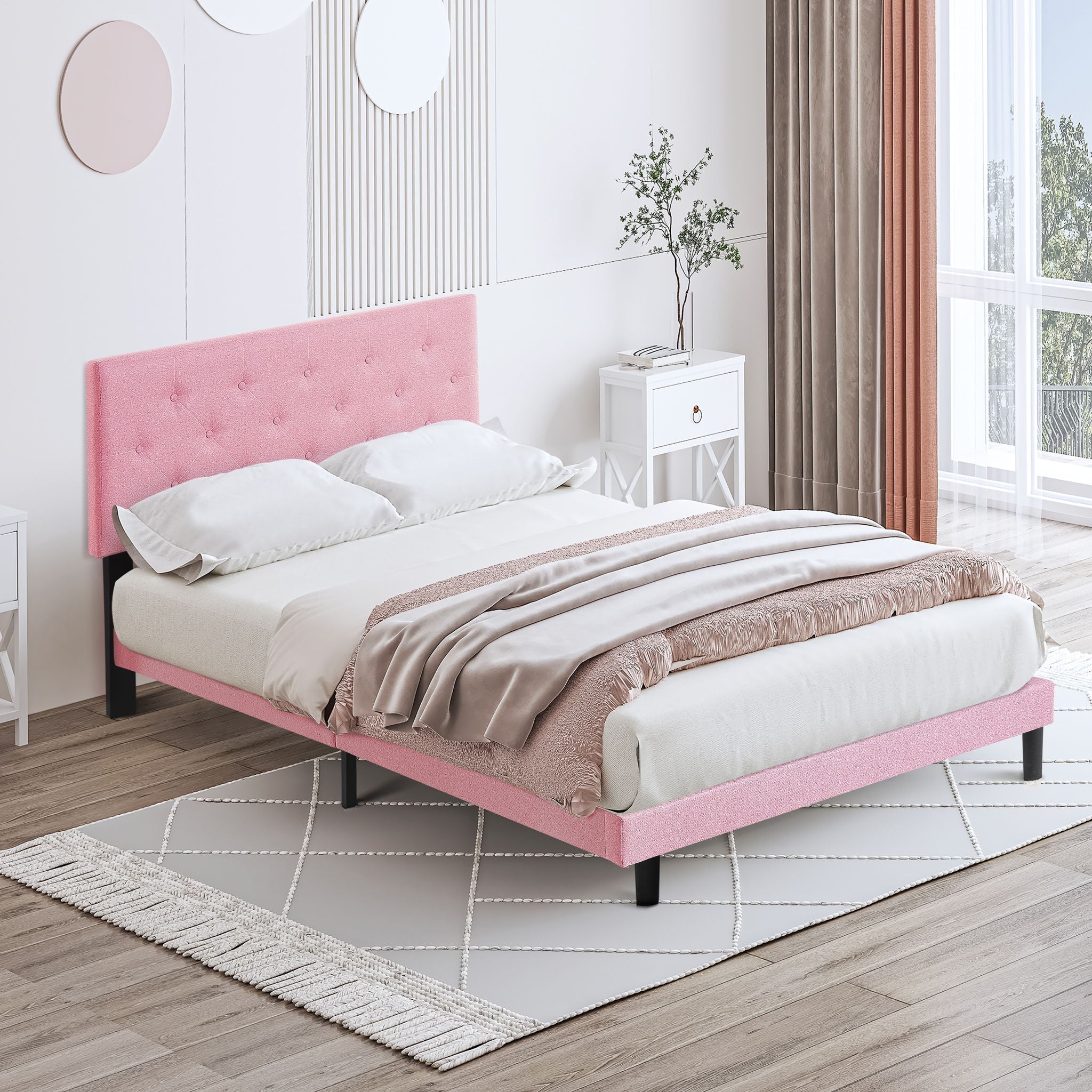 Modern Upholstered Platform Bed Frame With Button Tufted Fabric Headboard