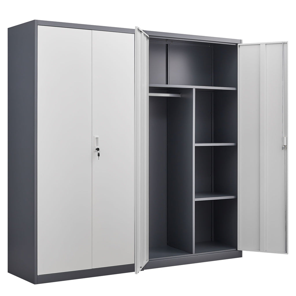Wardrobe With Hanging Rod And Compartments, Lockable Closet With Locks & Keys For Bedroom - Gray