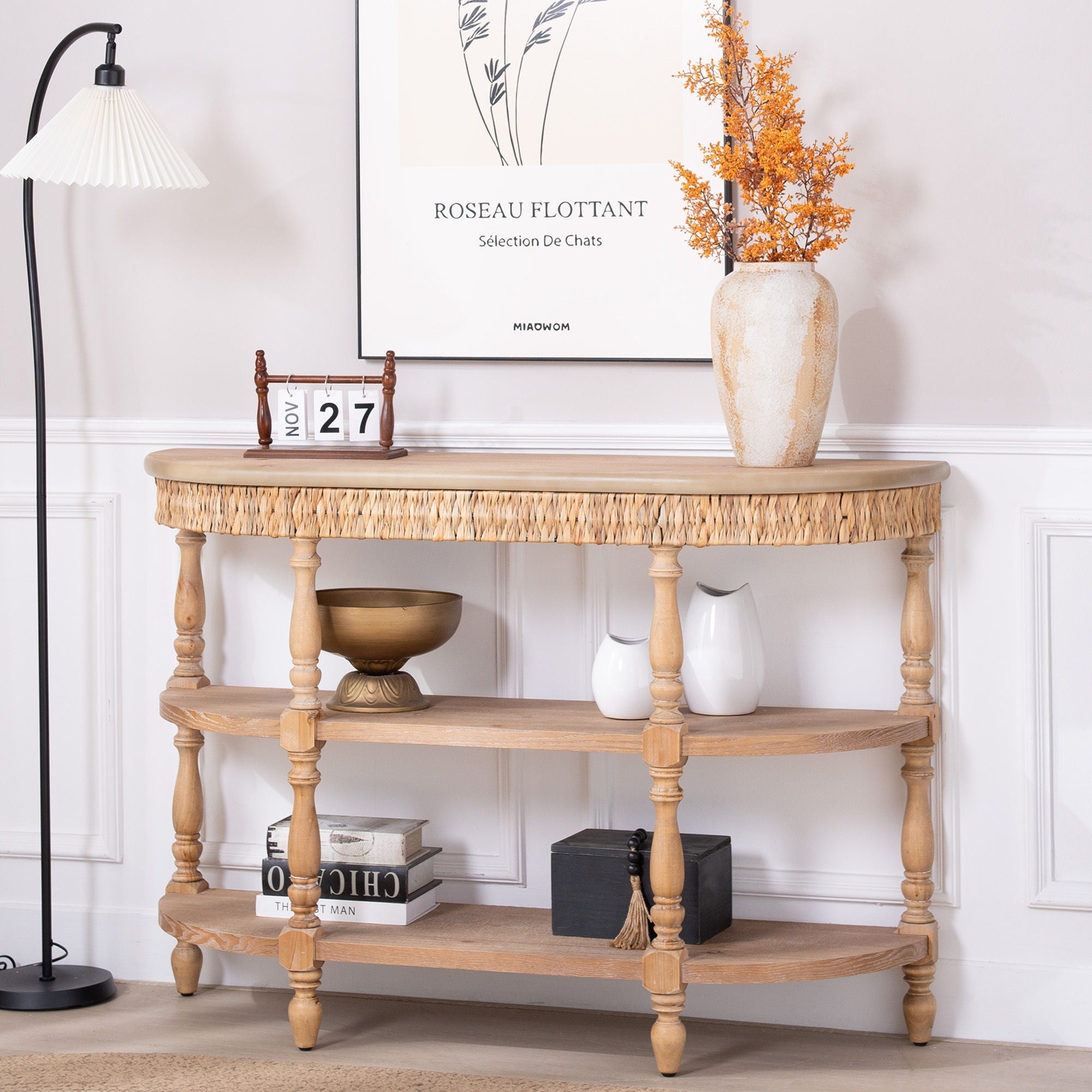 Handcrafted Console Table With Hand Woven Trim, 3 Tier Storage Shelves - Natural