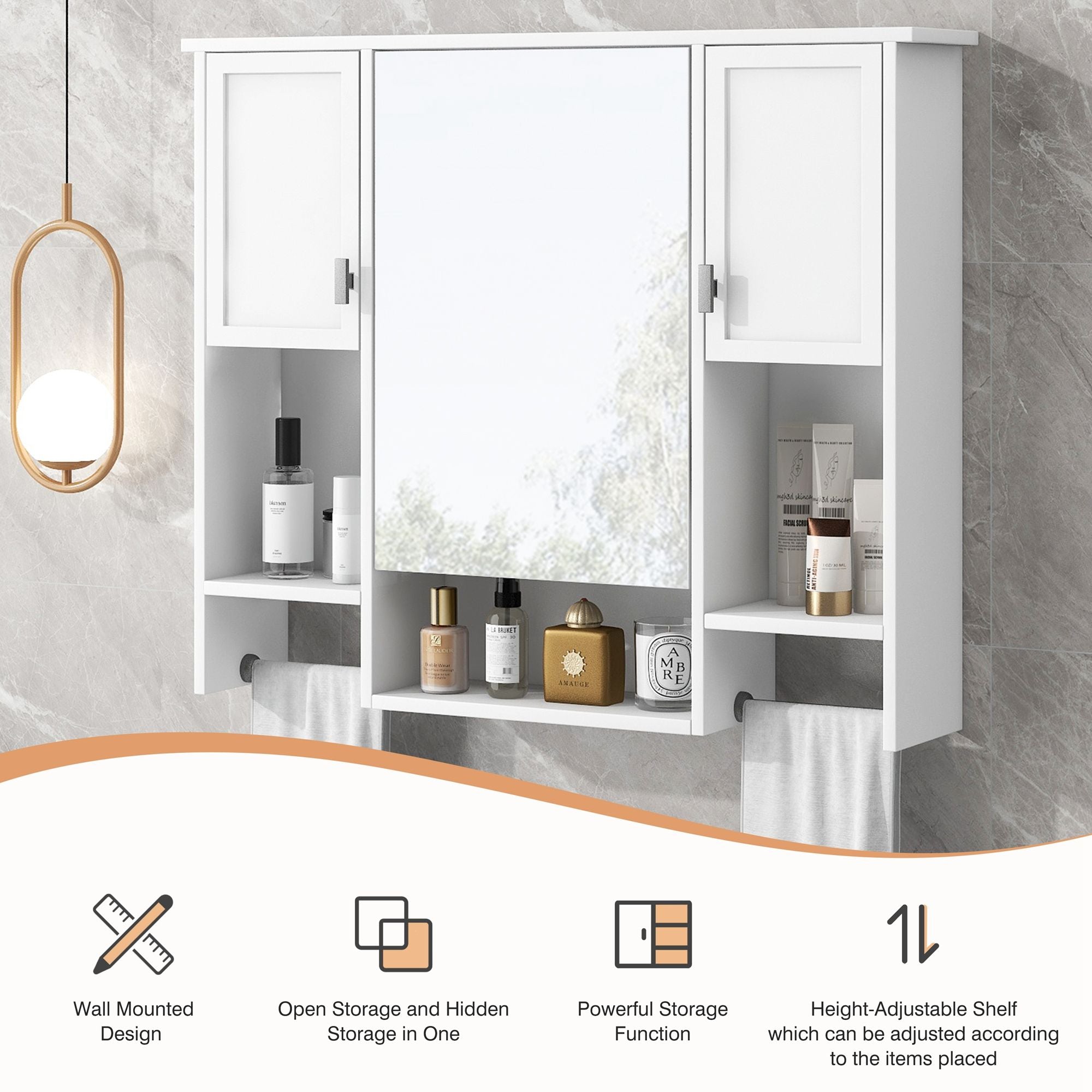 Wall Mounted Bathroom Storage Cabinet With Mirror, Medicine Cabinet With Towel Bar