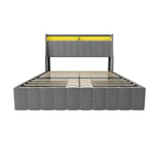 Queen Size Bed Frame With LED Lighting, Winged Headboard With Storage Drawers - Light Gray