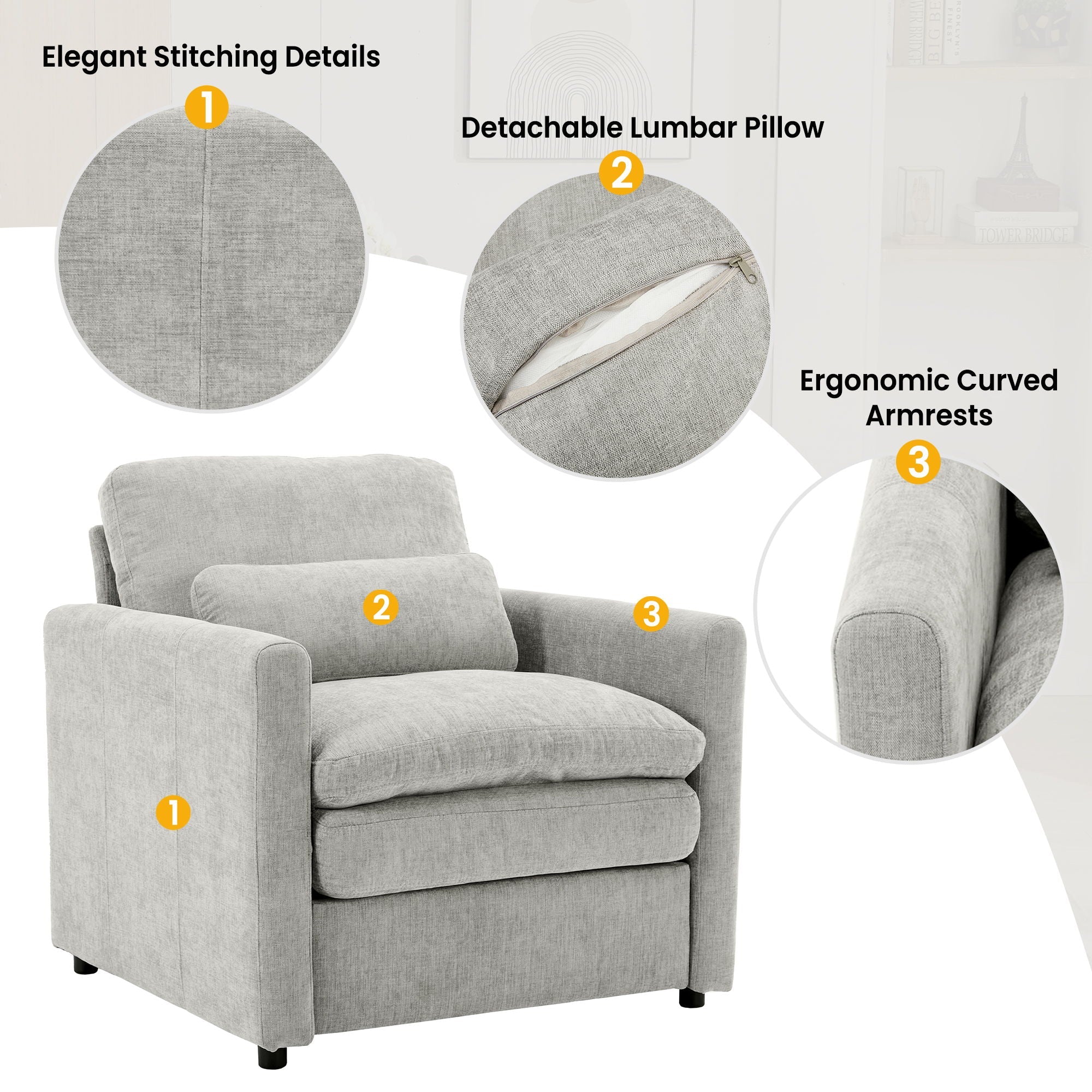 Cozy Upholstered Cushion Armchair For Living Room