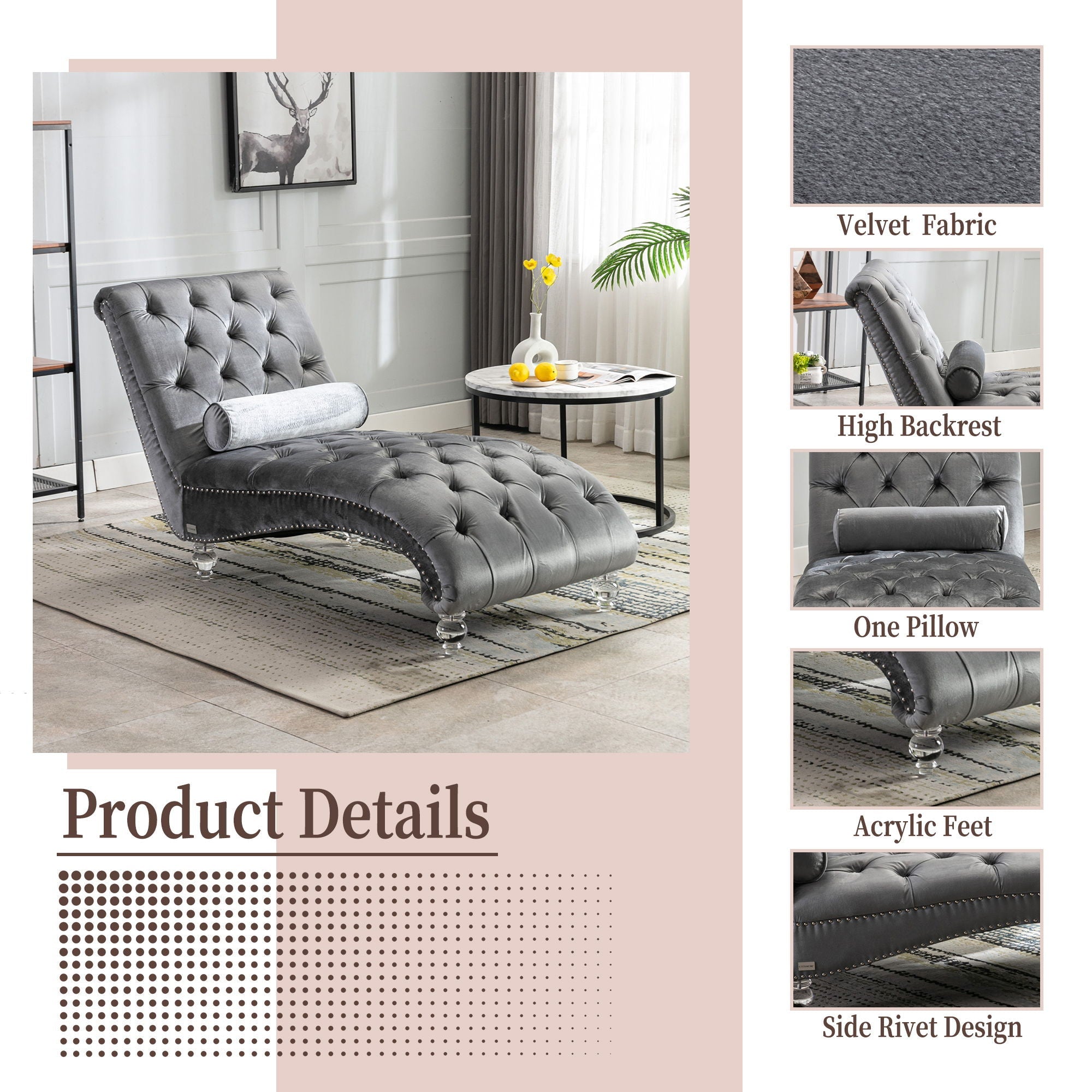 Chaise Lounge Indoor, Button Tufted Upholstered Chaise Lounge Chair With Pillow