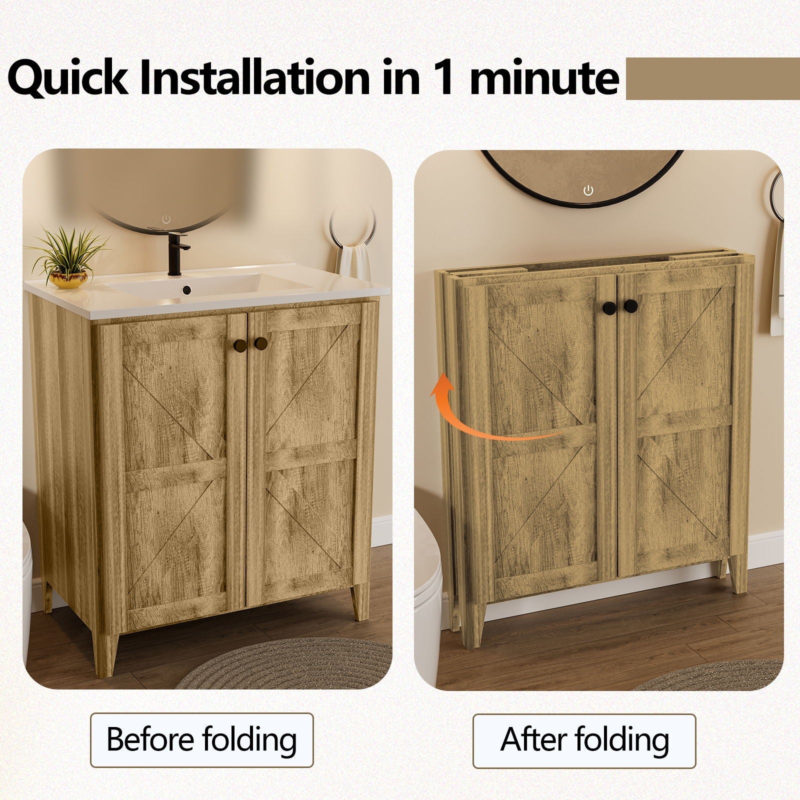 Folding Floor Cabinet With Ceramic Sink, Space Saving
