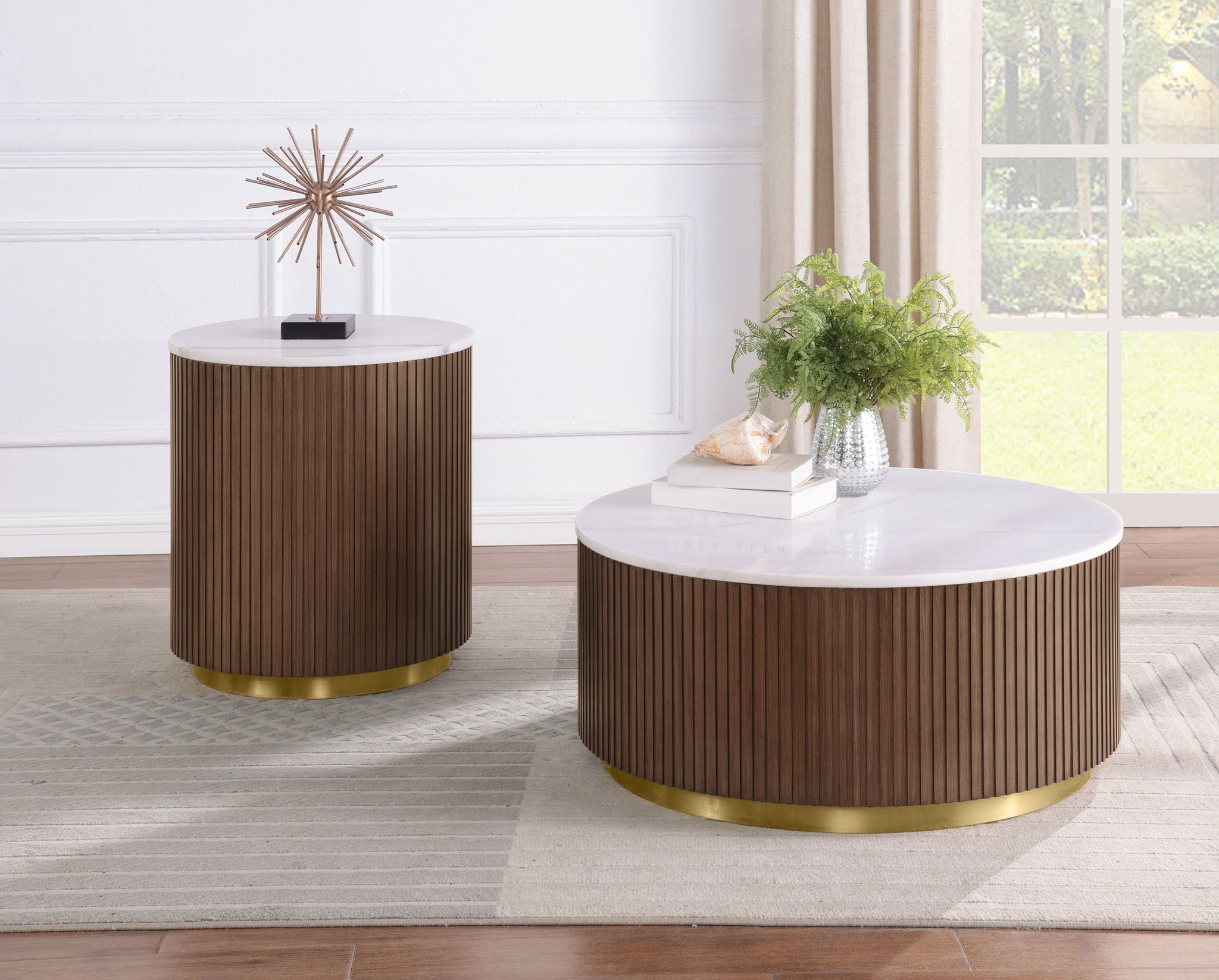 Jason Round White Marble Top Side End Table Honey Brown