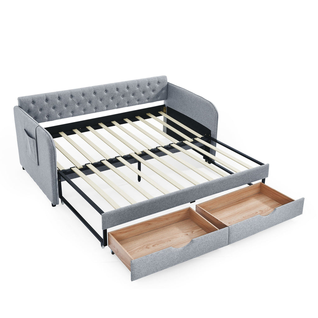 Daybed With Trundle And Storage Drawers, Flat Arms With Pocket