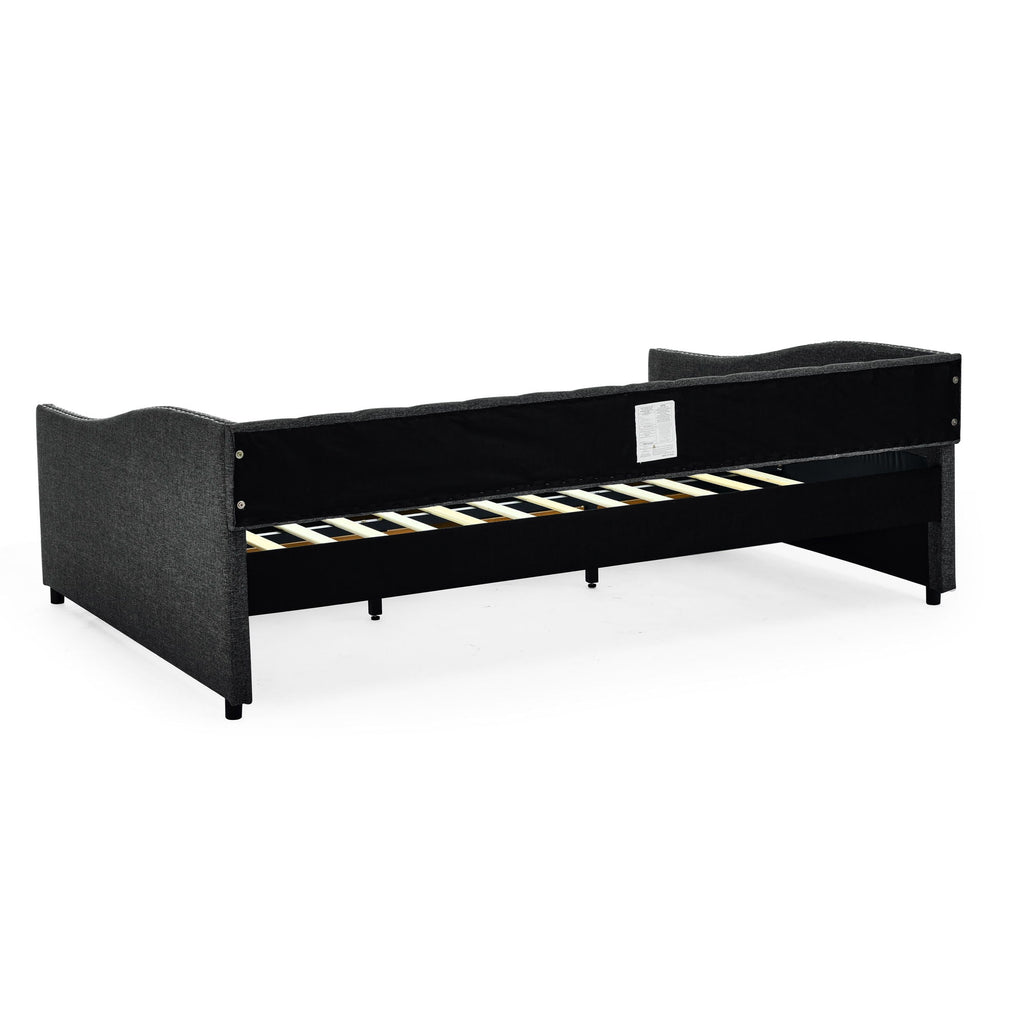 Upholstered Tufted Daybed With 2 Drawers, Waved Arms