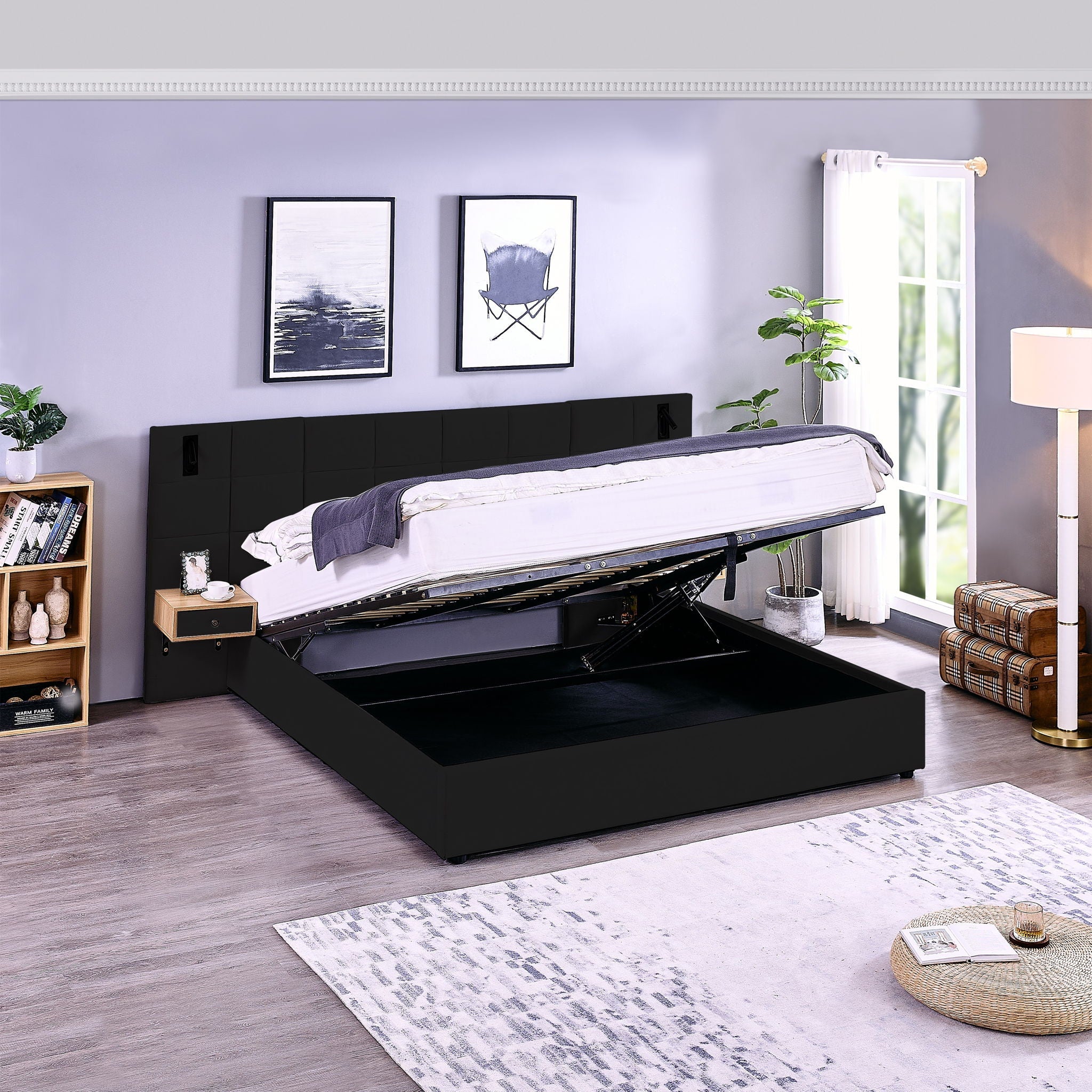 Upholstered Hydraulic Platform Bed With Storage Shelves, Reading Lamps, USB Port