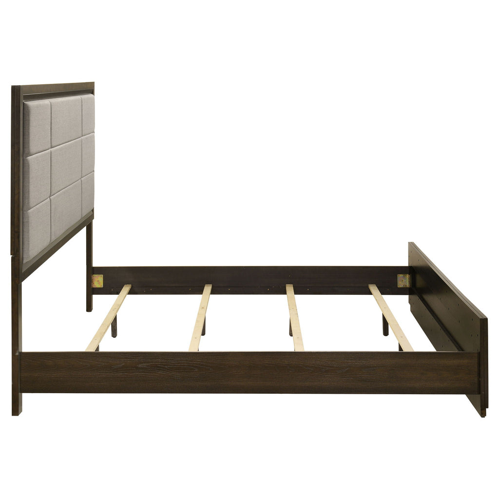 Atlas 63-inch California King Upholstered Panel Bed Grey and Dark Oak