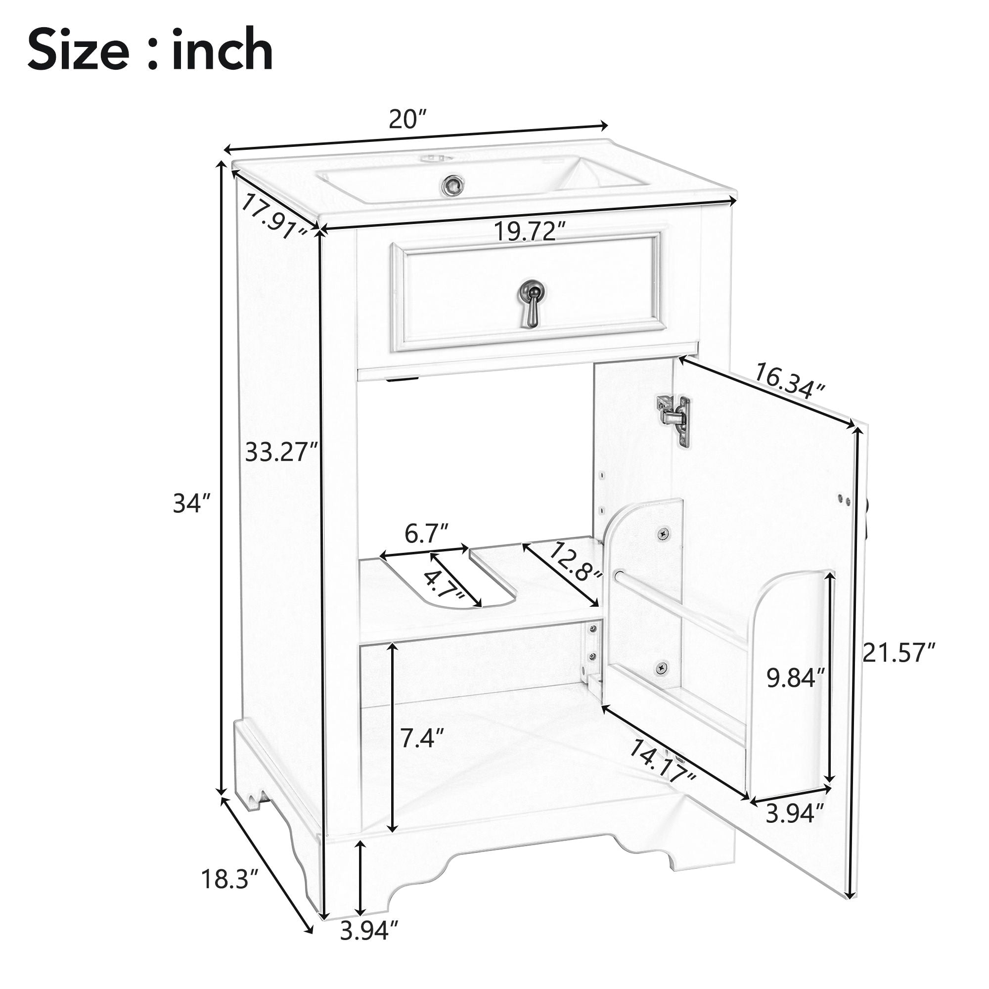Elegant Bathroom Vanity With Ceramic Sink, Soft Close Door, Adjustable Shelf