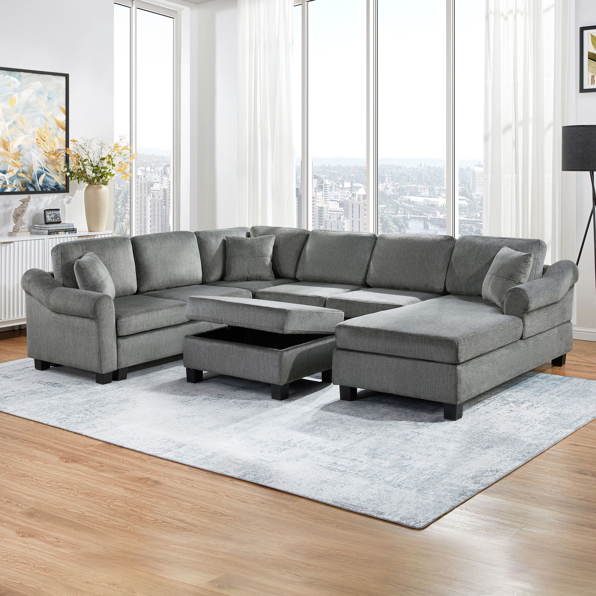 Contemporary U - Shaped Sectional Sofa With Movable Storage Ottoman