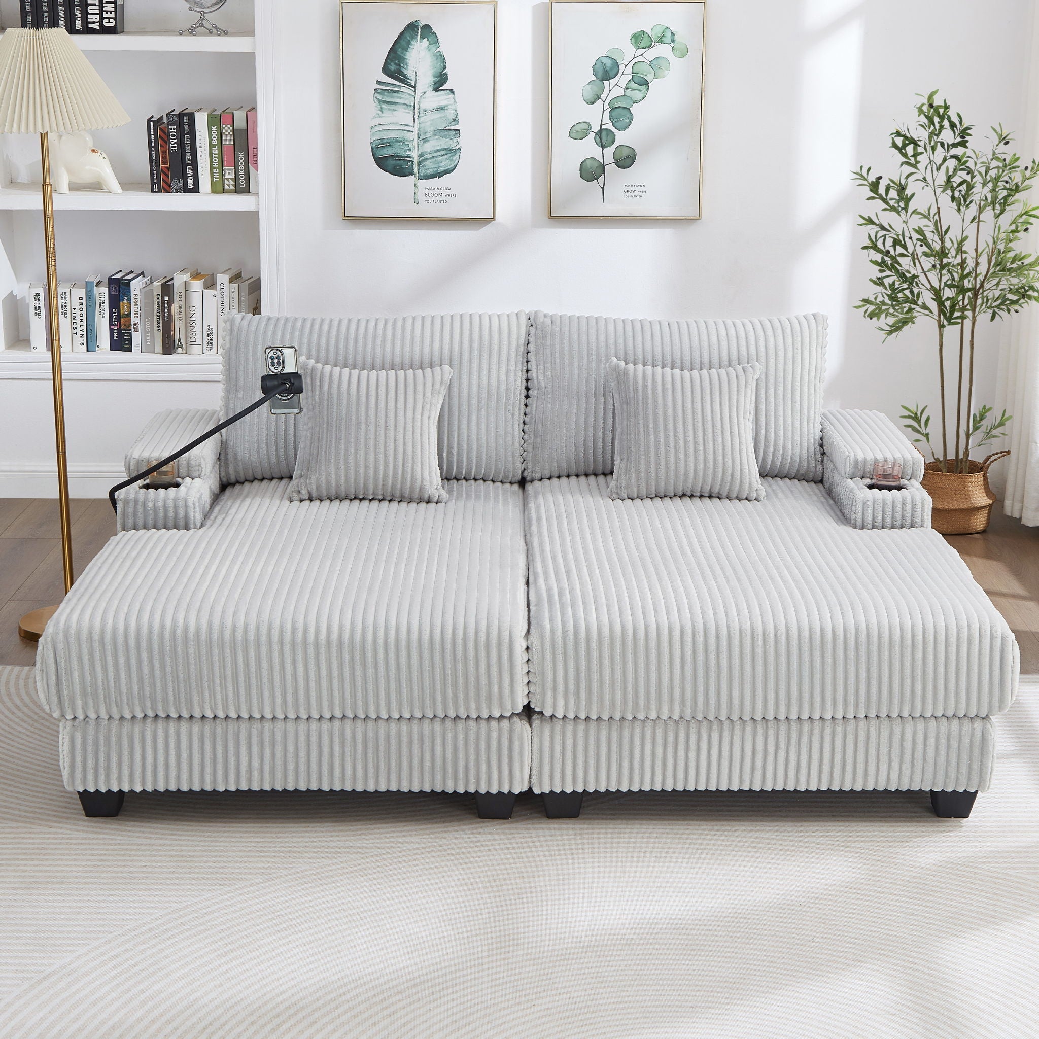 Modern Chaise Sofa With Adjustable Backrest, Cup Holders, Phone Holder & Storage Compartments For Living Room