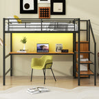 Loft Bed With Desk, Storage Staircase, Small Wardrobe And LED Light