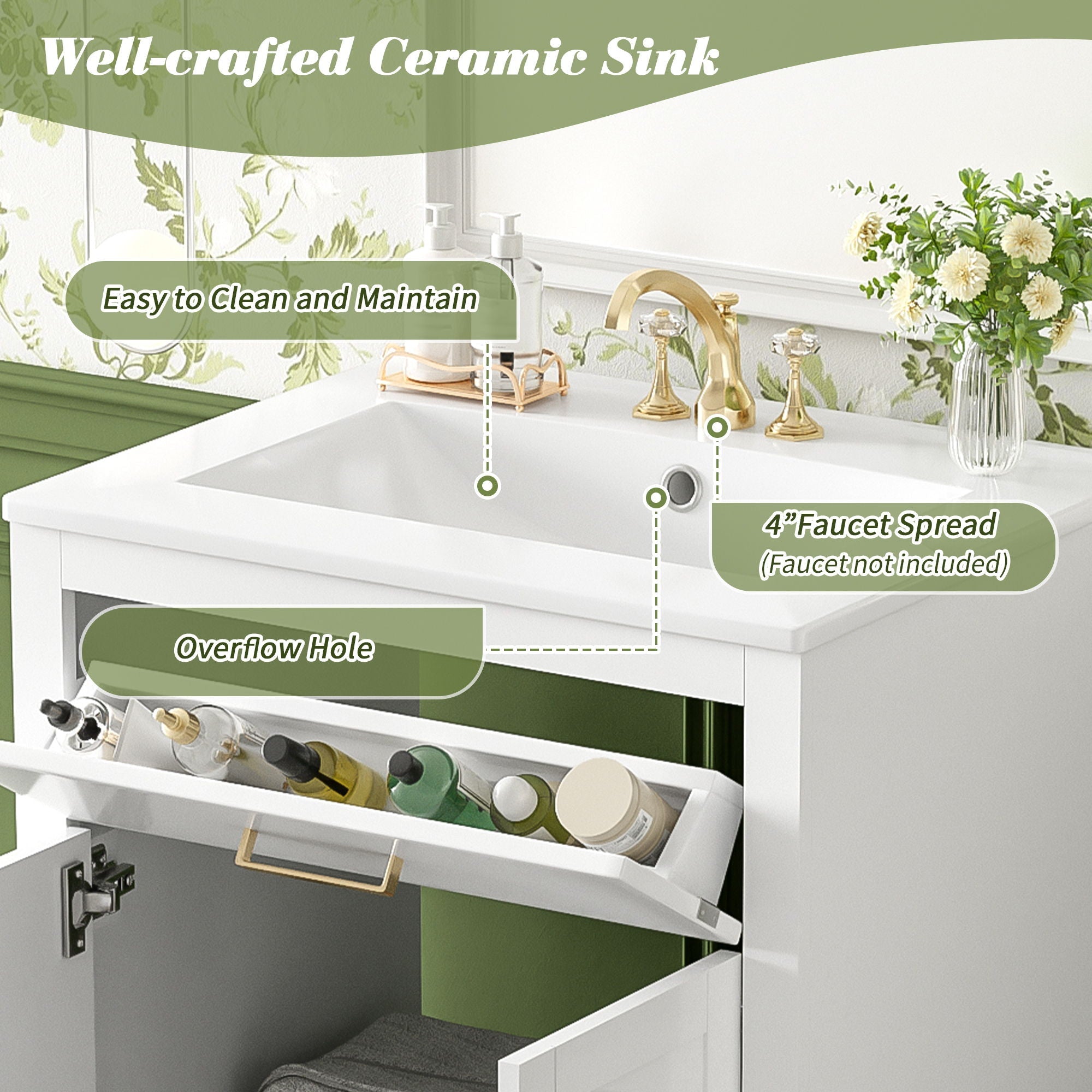 Modern Bathroom Vanity With Integrated Ceramic Sink, 2 Door Cabinet With Tip-Out Drawer