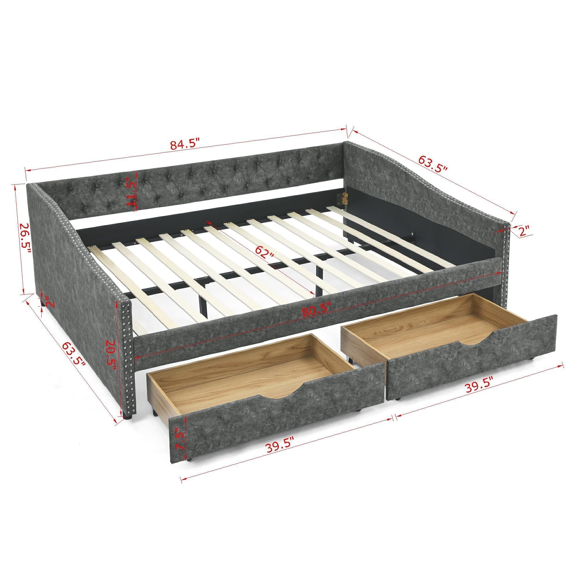 Upholstered Tufted Daybed With 2 Drawers, Waved Arms