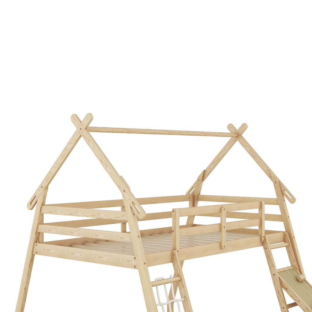 Georgiana - Twin Over Queen House Bunk Bed With Climbing Nets And Climbing Ramp