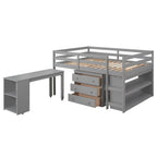 Loft Low Study Bed With Cabinet, Shelves And Rolling Portable Desk, Multiple Functions
