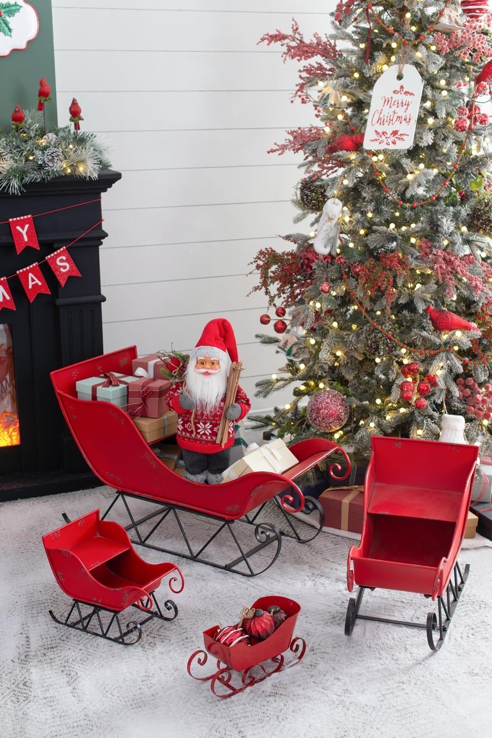 Iron Sleigh Large, Distressed Christmas Santa Sleigh Holiday Decoration