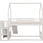 Twin Over Twin House Bunk Bed With Convertible Slide, Storage Staircase