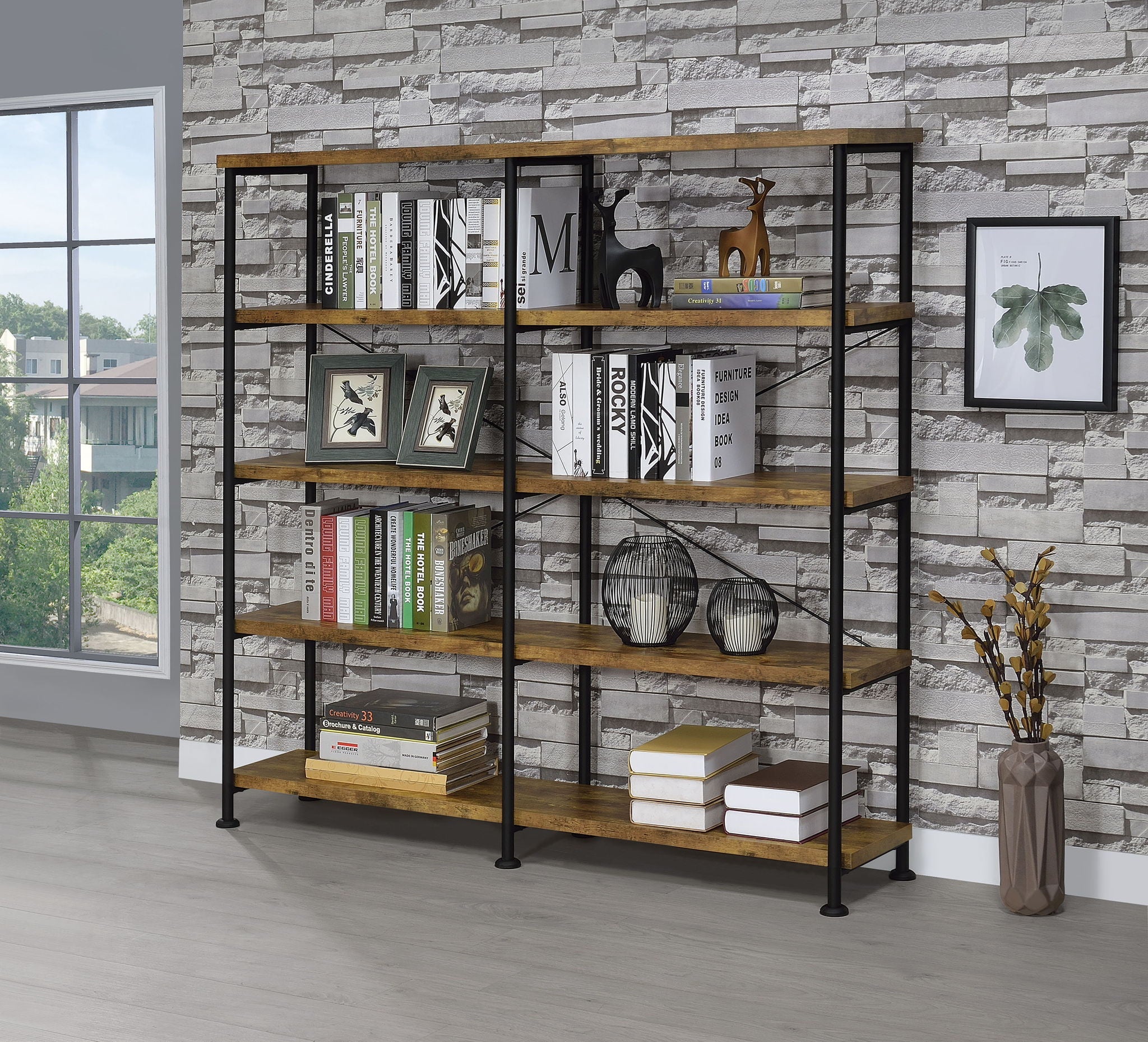 Analiese 63-inch 4-shelf Double Bookshelf Rustic Nutmeg
