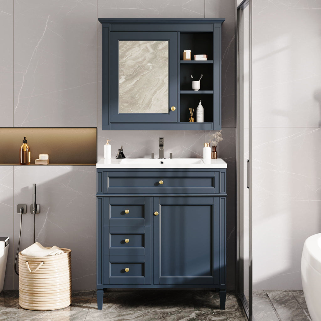Bathroom Vanity With Medicine Cabinet, Royal Mirror Cabinet, Modern Bathroom Storage Cabinet With 2 Soft Closing Doors And 4 Drawers