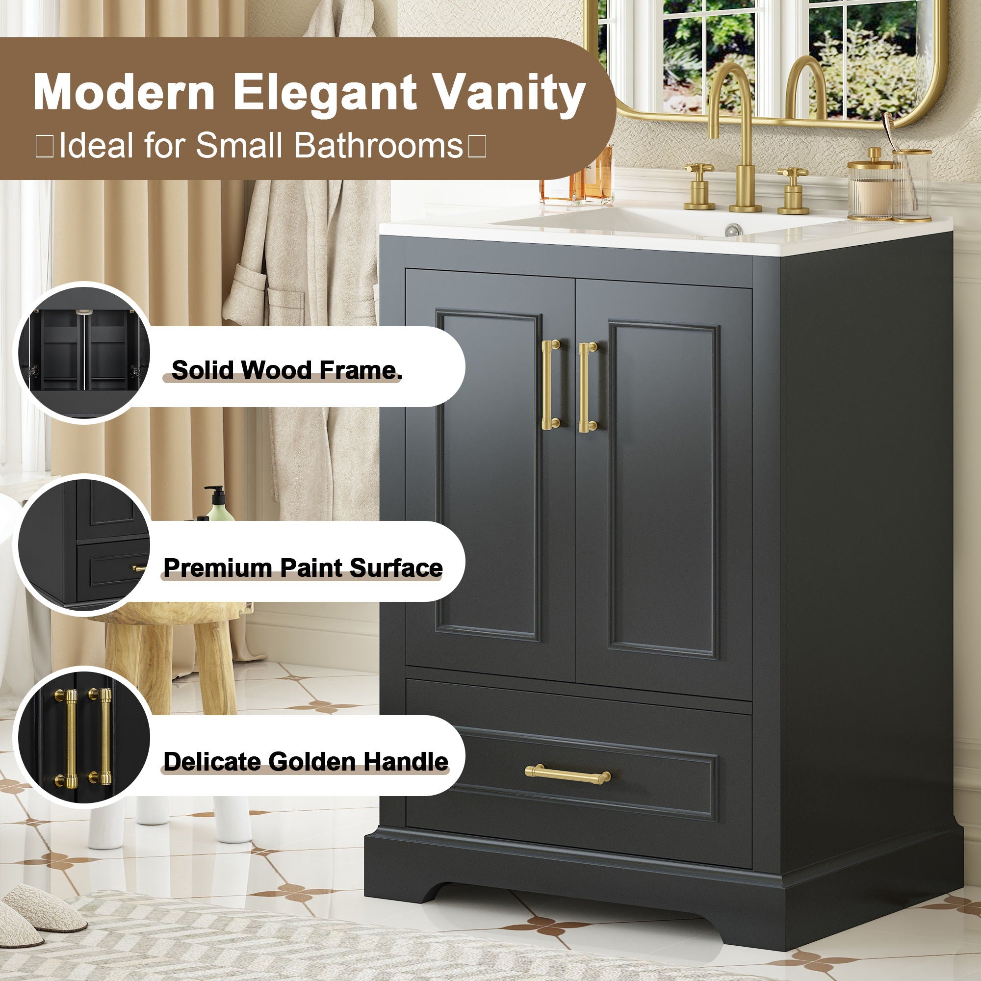 Bathroom Vanity With Sink, 1 Divided Drawer And 2 Soft Close Doors With Double Shelf