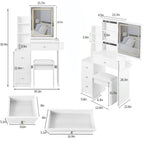 Cabinet Vanity Table & Cushioned Stool, USB Power Station, Hair Dryer Bracket - White