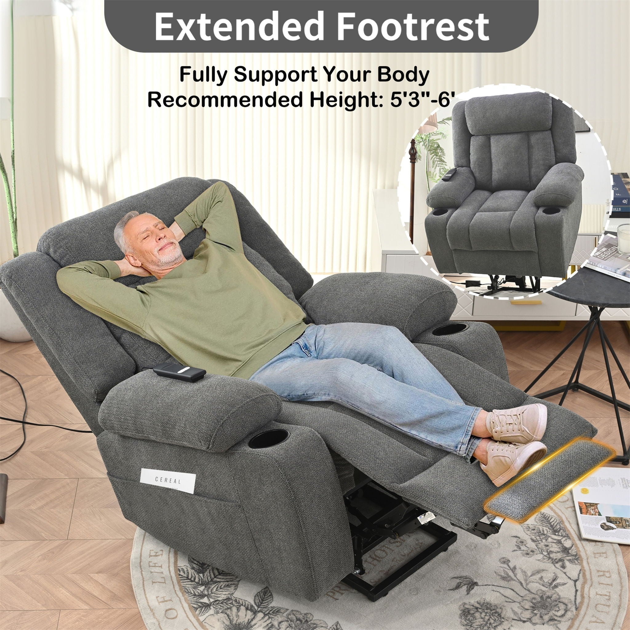 Power Lift Recliner Chair With Extended Footrest, Remote Control, Cup Holders, And Side Pockets
