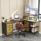 Industrial L Shaped Desk With Power Hub With 6 Drawers And Adjustable Monitor Stands - Brown
