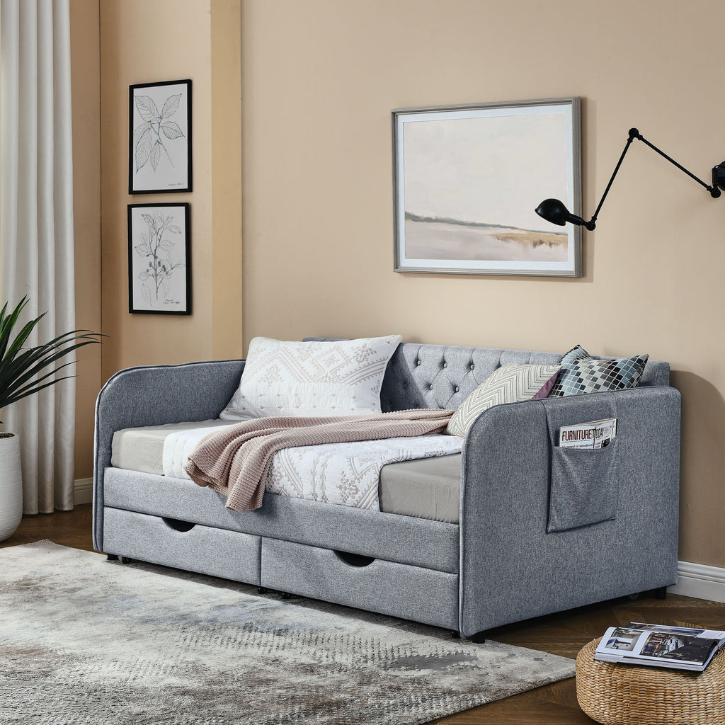 Daybed With Trundle And Storage Drawers, Flat Arms With Pocket