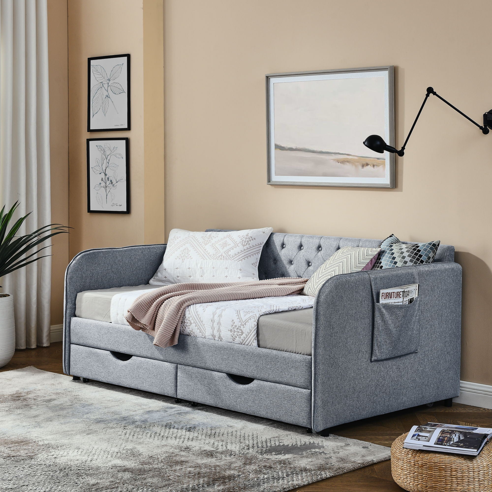 Daybed With Trundle And Storage Drawers, Flat Arms With Pocket