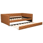 Upholstered Full Long Daybed With Trundle And LED Armrests - Brown