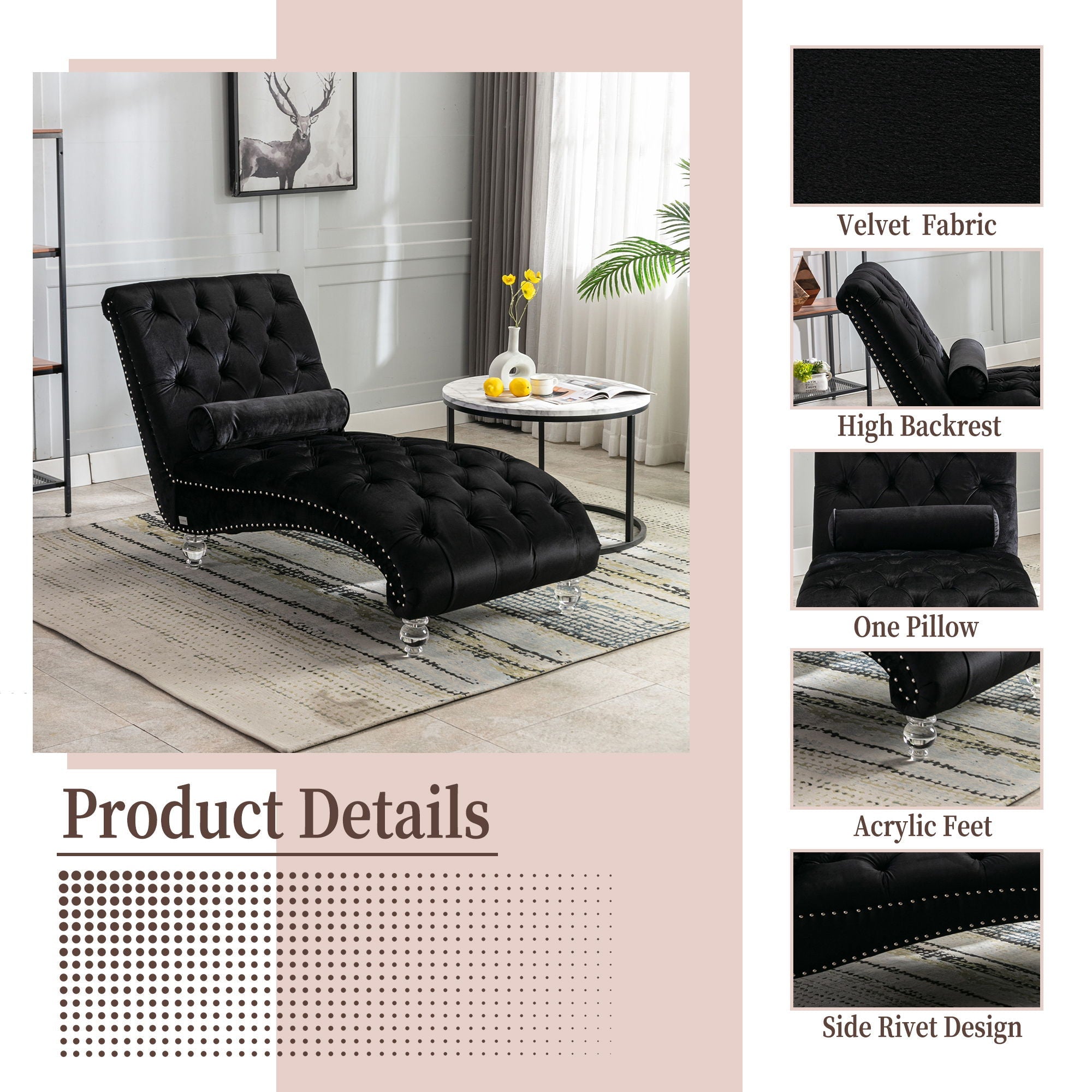 Chaise Lounge Indoor, Button Tufted Upholstered Chaise Lounge Chair With Pillow
