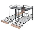 Triple Bunk Bed With Drawers, Multi-Functional Frame With Desks And Shelves In The Middle