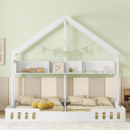 Twin Size Platform Bed With Shared Design, Guardrails, And Built In Shelves - Creamy White