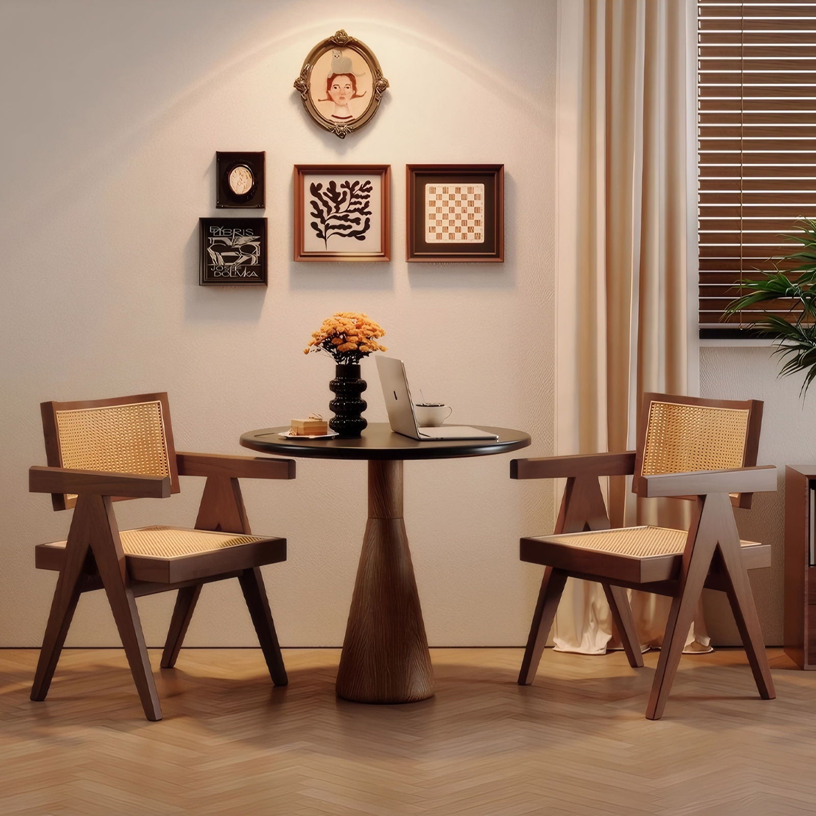 Modern Mid Century Dining Chairs (Set of 2), Rattan Accent Chairs, Comfy Armchairs, Outdoor Wood Chairs With Armrest - Walnut