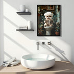 Framed Bathroom Decor, Cute Puppy Wall Art In Picture Frame, 3D Canvas Print - Indigo / White