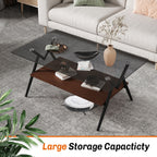 Rectangle Coffee Table With Tempered Glass Top And Shelf, Modern Table For Living Room
