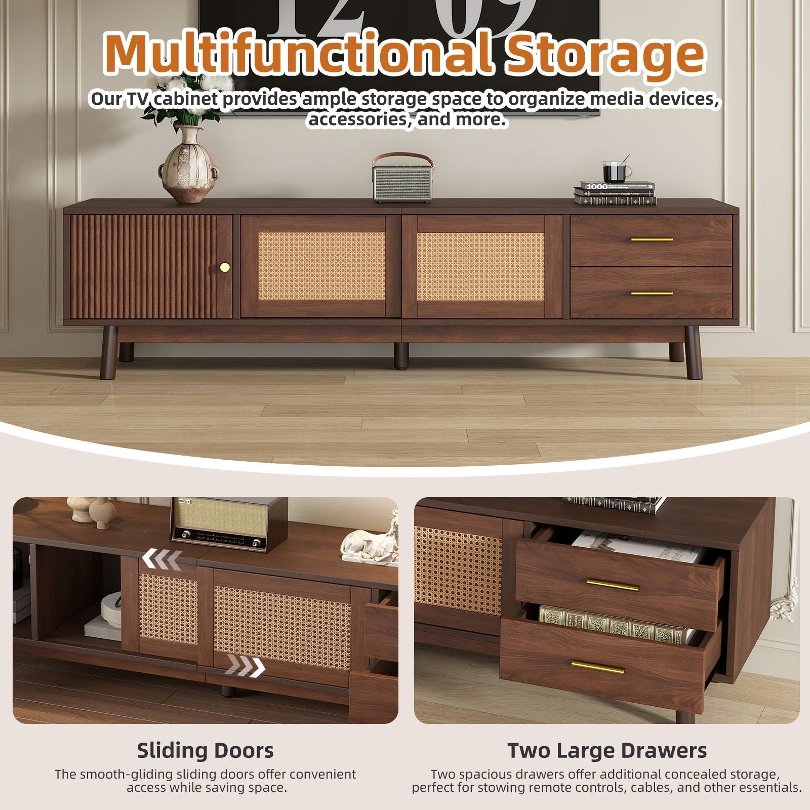 TV Stand For 80" TVs With Sliding Doors And Drawers, Accent Storage Unit - Dark Brown