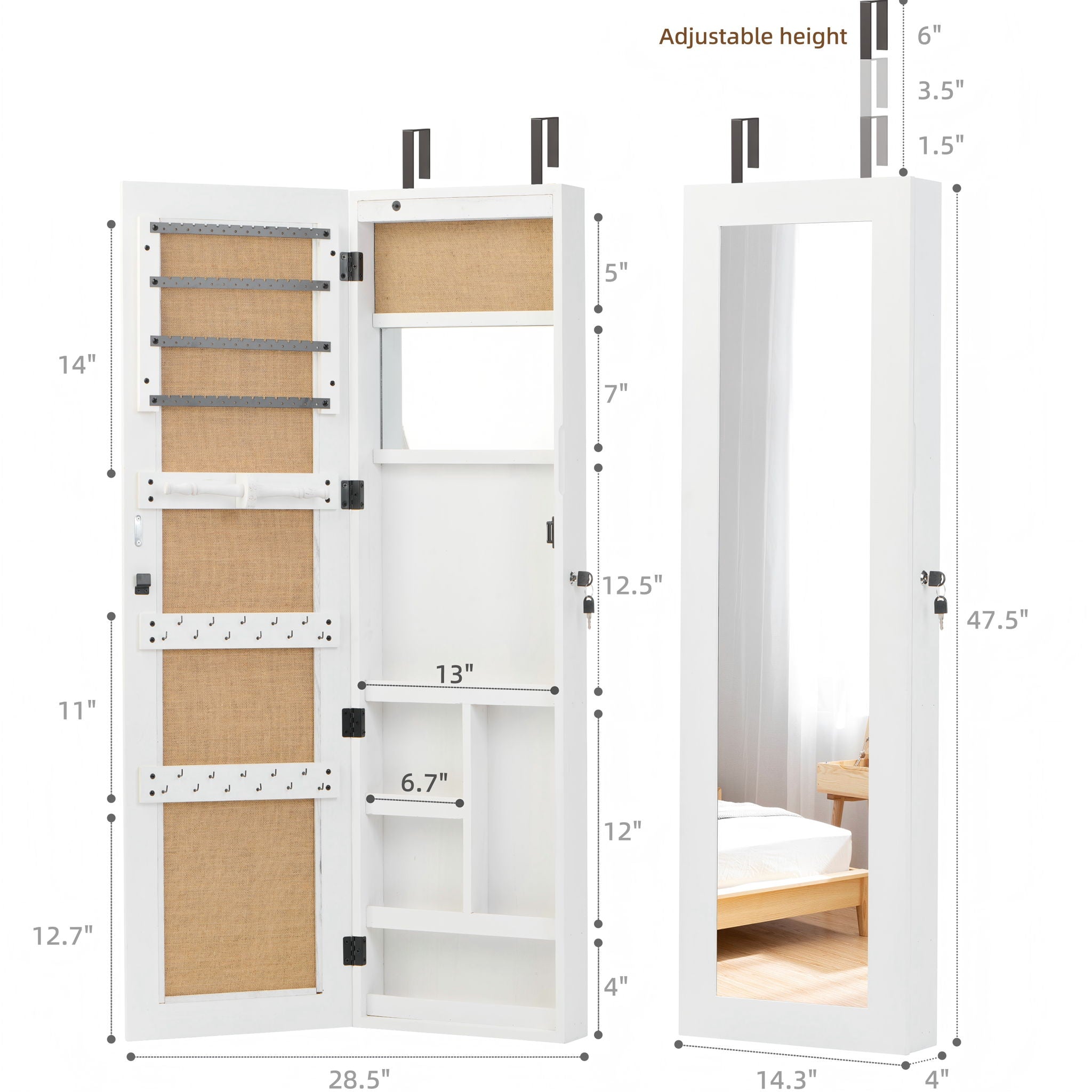 Jewelry Armoire Organizer With Full Length Mirror, Wall Mounted Lockable Cabinet With LED Light