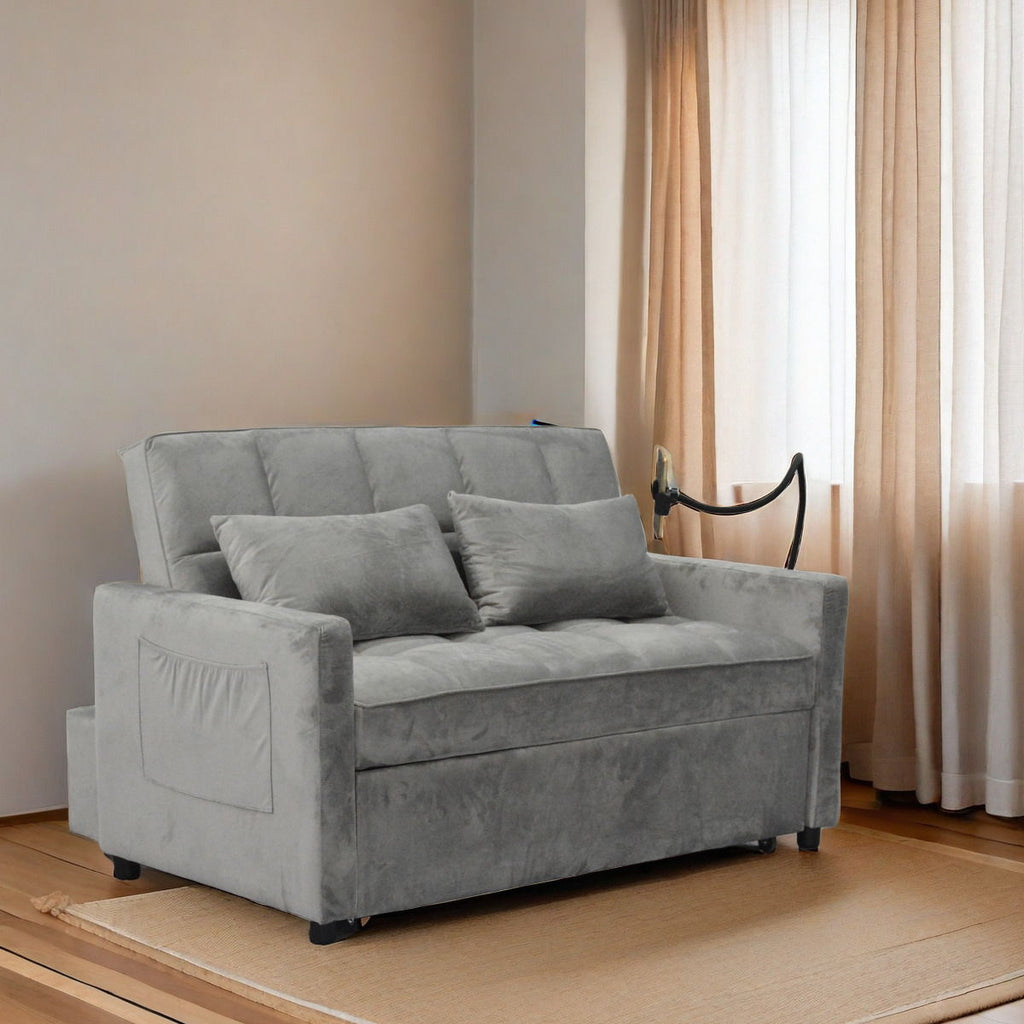 3 In 1 Convertible Sleeper Sofa Bed, Modern Fabric Futon Sofa Couch Pullout Bed, Adjustable Backrest With Three USB Ports, Two Side Pockets, Two Cup Holders And Swivel Phone Holder