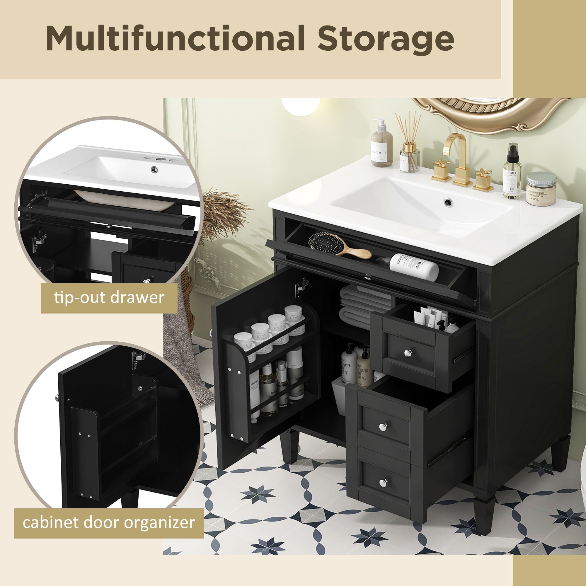 Bathroom Vanity With Top Sink, 2 Drawers & Tip Out Drawer
