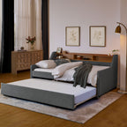 Upholstered Sofa Bed With LED Lights, Storage Headboard, Foldable Trundle & Wireless Charging