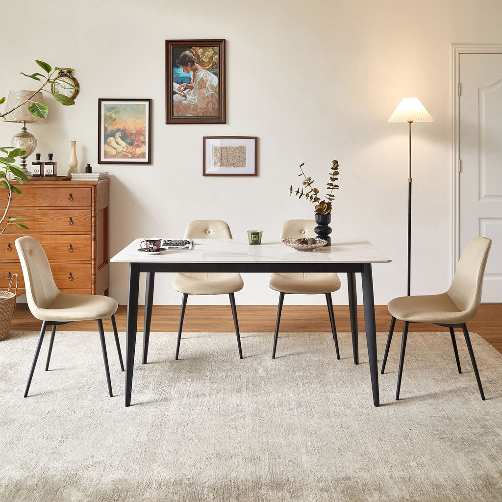 Dining Table Round White Sintered Stone Top Heavy Duty Metal Legs Waterproof Surface For Kitchen Dining Room Or Office Furniture - White / Black