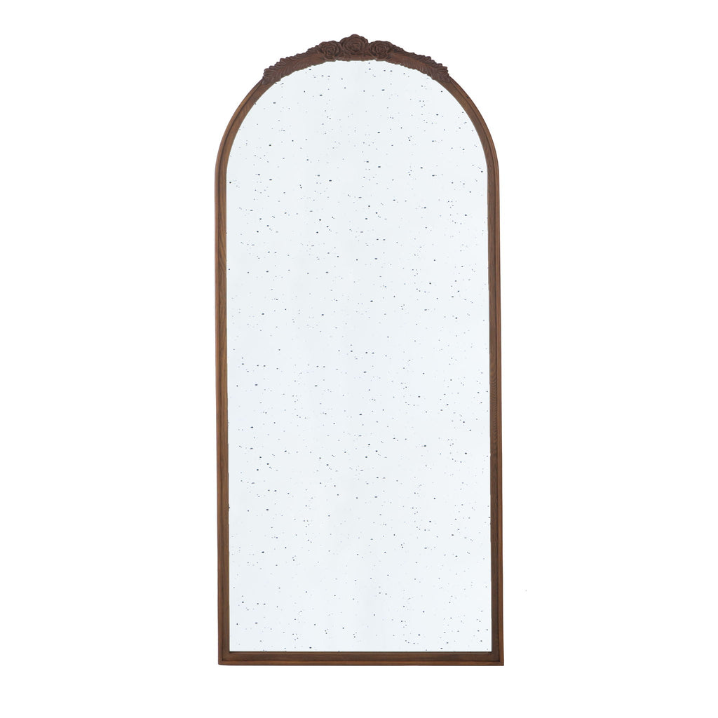 Hand Carved Rose Antique Mirror Frame, Large Arch Mirror Wall Decor For Living Room, Bathroom, Entryway - Brown