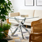 Dining Table With Cross Metal Leg And Tempered Glass, Modern Space Saving Kitchen Table For Living Room Legs, Square Table
