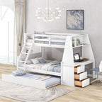 Bunk Bed With Trundle And Built In Desk, 3 Storage Drawers And Shelf