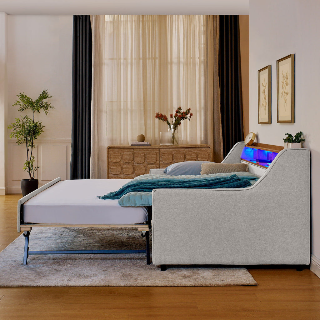 Upholstered Sofa Bed With LED Lights, Storage Headboard, Foldable Trundle & Wireless Charging