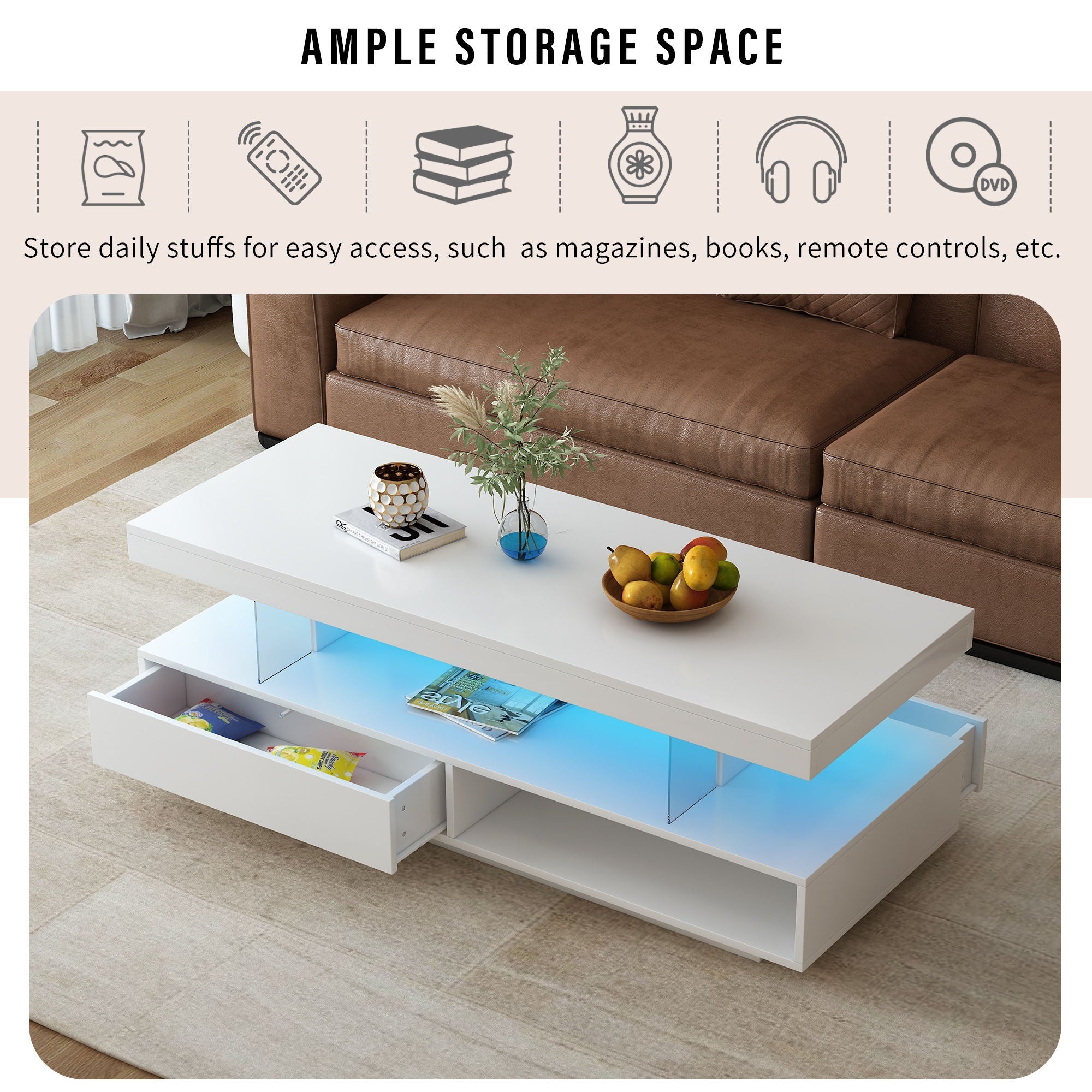 LED Coffee Table With 2 Drawers And Display Shelves